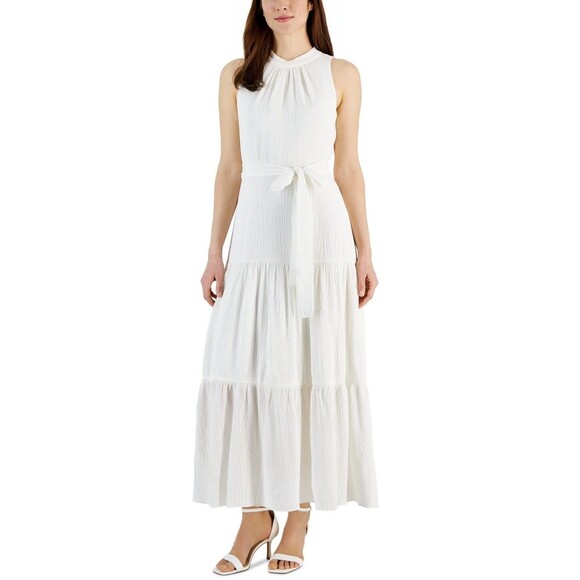 Anne Klein Women's Tie-Neck Tiered Sleeveless Maxi Dress, Bright White, 16 - Picture 1 of 1